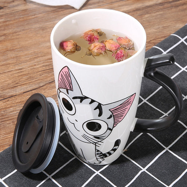 Hot sale 600ml Cartoon creative cat mug With Lid milk coffee mug for tea Porcelain travel Cup - Cick2Shop