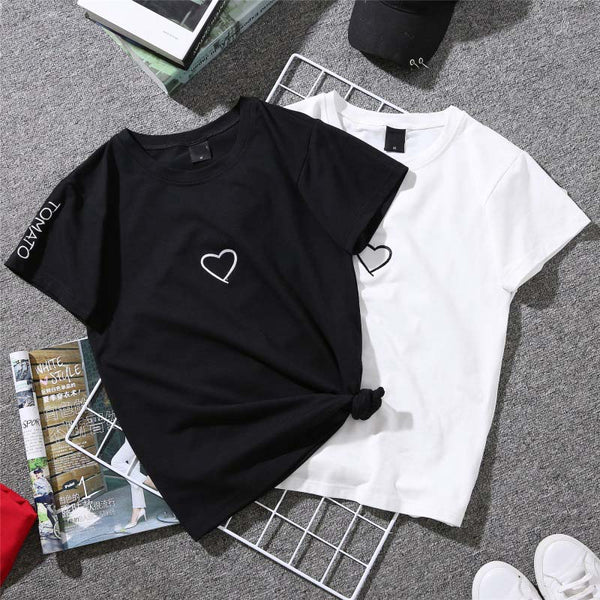 2019 Summer Couples Lovers T-Shirt for Women Casual White Tops Tshirt Women T Shirt Love Heart Embroidery Print T-Shirt Female - Cick2Shop