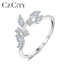 CZCITY Korean 925 Sterling Silver Handmade Olive Leaf Rings for Women Exquisite CZ Stone Adjustable Open Ring Silver 925 Jewelry - Cick2Shop