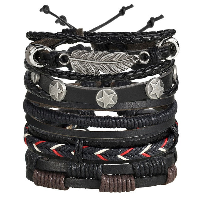 IF ME Vintage Leaf Feather Multilayer Leather Bracelet Men Fashion Braided Handmade Star Rope Wrap Bracelets & Bangles Male Gift - Cick2Shop