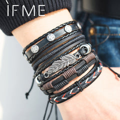 IF ME Vintage Leaf Feather Multilayer Leather Bracelet Men Fashion Braided Handmade Star Rope Wrap Bracelets & Bangles Male Gift - Cick2Shop