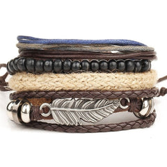 IF ME Vintage Leaf Feather Multilayer Leather Bracelet Men Fashion Braided Handmade Star Rope Wrap Bracelets & Bangles Male Gift - Cick2Shop