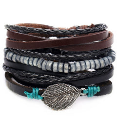 IF ME Vintage Leaf Feather Multilayer Leather Bracelet Men Fashion Braided Handmade Star Rope Wrap Bracelets & Bangles Male Gift - Cick2Shop