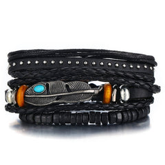 IF ME Vintage Leaf Feather Multilayer Leather Bracelet Men Fashion Braided Handmade Star Rope Wrap Bracelets & Bangles Male Gift - Cick2Shop